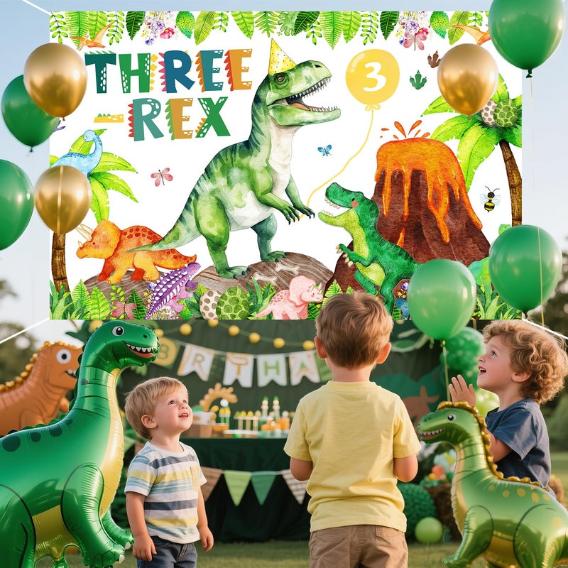 BIGKEOKI Three Rex Birthday Party Decorations Boy Dinosaur 3rd Birthday Party Banner Backdrop Jungle Leaves T-rex Dino Bday Photography Background 3 Rex Dinosaur Party Supplies Decorations (Green Dino 3rd) - Image 3